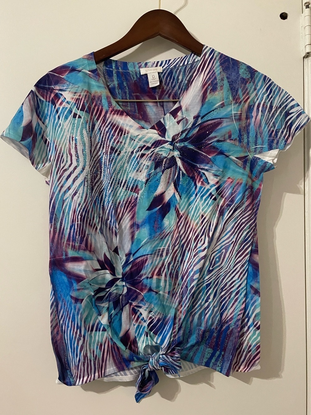 Chico’s Blue & Purple Zebra Floral Rhinestone Tie-Front Top - Size 0 (Small)